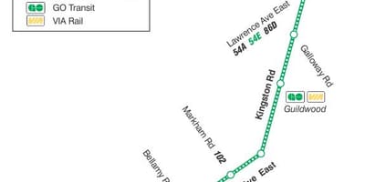 Mapa de TTC 198 U de T Scarborough Coet autobús de Toronto