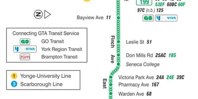 Mapa de TTC 199 Finch Coet autobús de Toronto