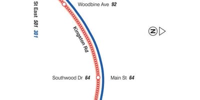 Mapa de TTC 22 Coxwell autobús de Toronto
