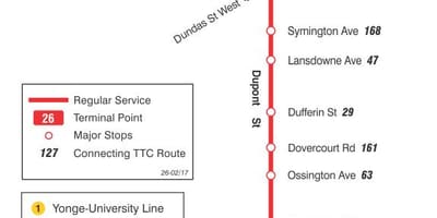 Mapa de TTC 26 Dupont autobús de Toronto