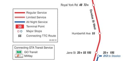 Mapa de TTC 30 Lambton autobús de Toronto