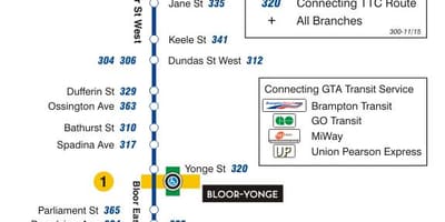 Mapa de TTC 300A Bloor-Danforth autobús de Toronto