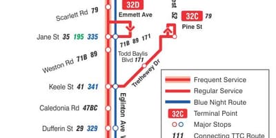 Mapa de TTC 32 Eglinton Oest autobús de Toronto