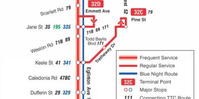 Mapa de TTC 32 Eglinton Oest autobús de Toronto