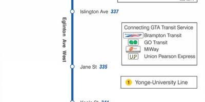 Mapa de TTC 332 Eglinton Oest autobús de Toronto