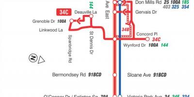 Mapa de TTC 34 Eglinton Est autobús de Toronto