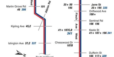 Mapa de TTC 36 Finch Oest autobús de Toronto