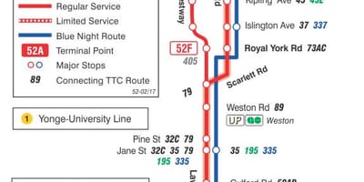 Mapa de TTC 52 Lawrence Oest autobús de Toronto