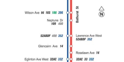Mapa de TTC 7 Bathurst autobús de Toronto