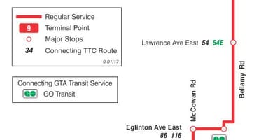 Mapa de TTC 9 Bellamy autobús de Toronto