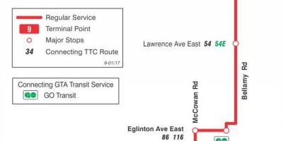 Mapa de TTC 9 Bellamy autobús de Toronto
